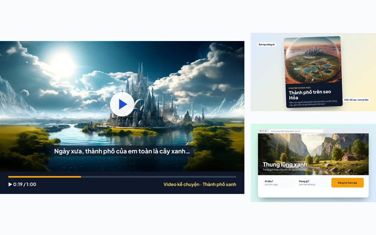 Minh hoạ sản phẩm làm bằng công cụ AI: video kể chuyện, poster khoa học, trang web giới thiệu